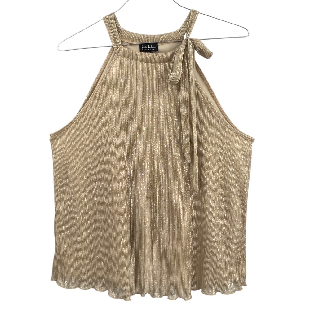 Vintage Nicole Miller Womens Gold Metallic Pleated Halter Tie Neck Top Flowy XL